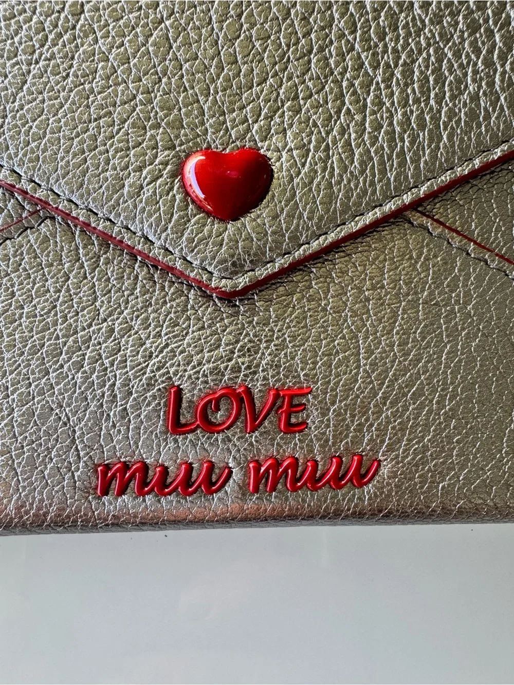 Miu Miu Metallic Envelope Card Holder with Red Heart Detail